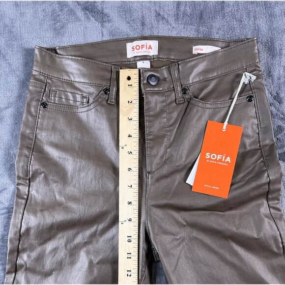 NWT SOFIA VERGARA Melisa High-Rise Faux Leather Flare Pants Jeans Brown SZ 0 - Picture 8 of 9